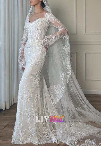 Sweetheart Long Sleeves Lace Appliques Fitted Mermaid Wedding Dress
