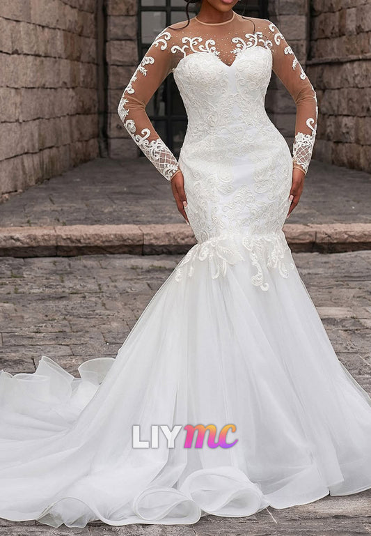 Sweetheart Long Sleeves Lace Appliques Mermaid Wedding Dress
