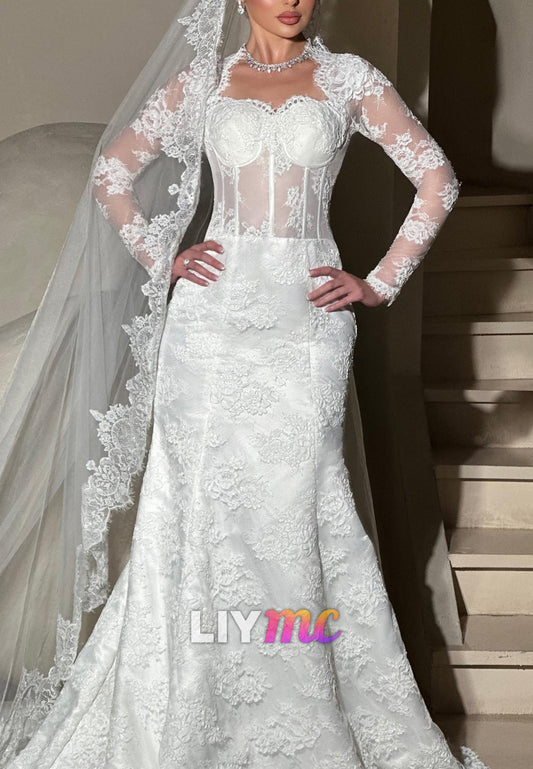 Sweetheart Long Sleeves Lace Appliques Mermaid Wedding Dress
