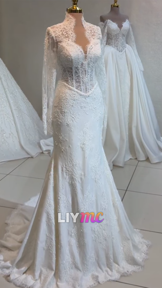 Sweetheart Long Sleeves Lace Appliques Mermaid Wedding Dress