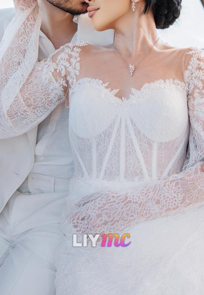 Sweetheart Long Sleeves Lace Appliques Mermaid Wedding Dress
