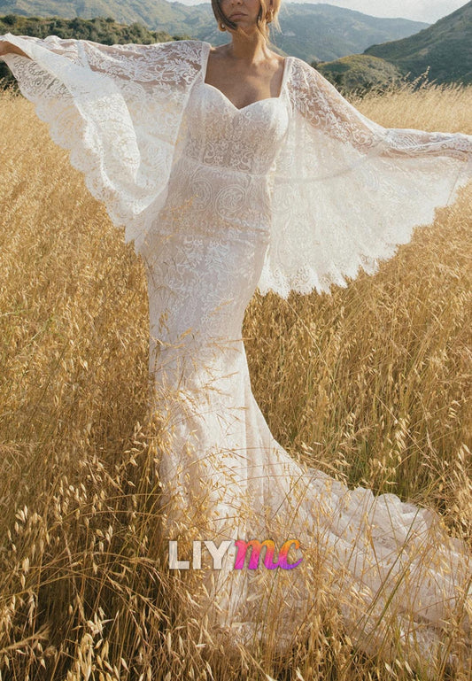 Sweetheart Long Sleeves Lace Appliques Mermaid Wedding Dress