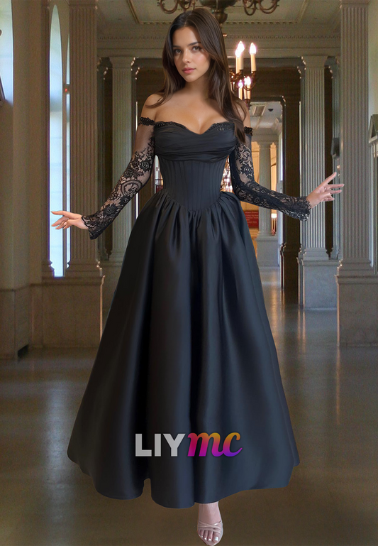 Sweetheart Long Sleeves Lace Appliques Pleated A-Line Prom Dress