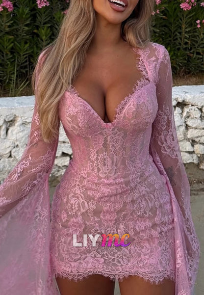 Sweetheart Long Sleeves Lace Appliques Sheath Party Homecoming Dress