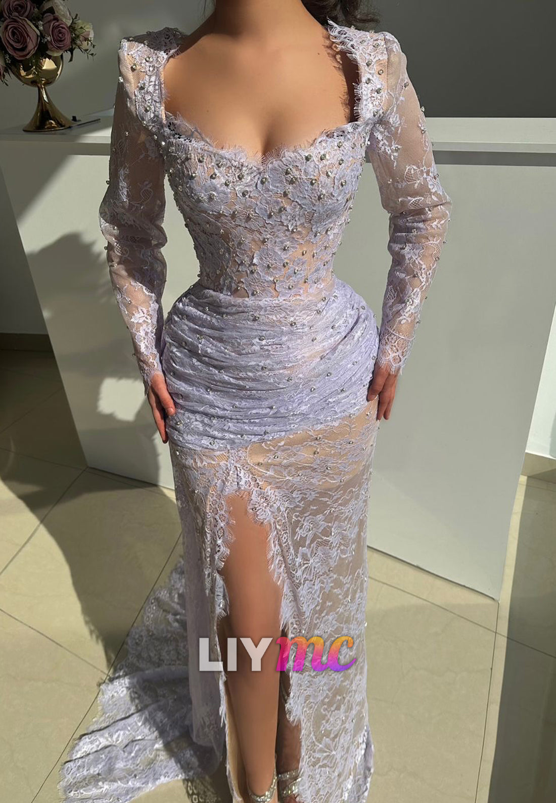 Sweetheart Long Sleeves Lace Appliques Sheath Prom Dress