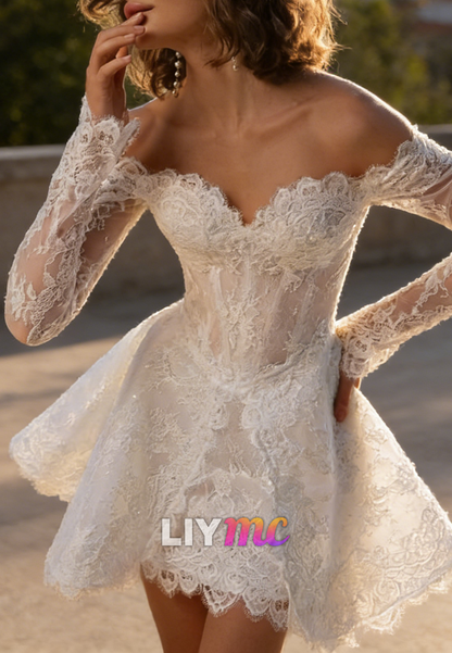 Sweetheart Long Sleeves Lace Appliques Short Wedding Dress