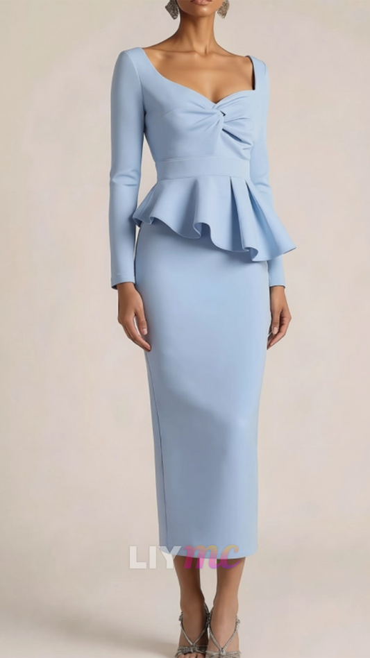 Sweetheart Long Sleeves Ruffles Sheath Wedding Guest Dress