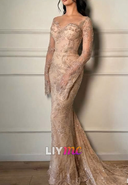 Sweetheart Long Sleeves Sequins Appliques Mermaid Evening Dress