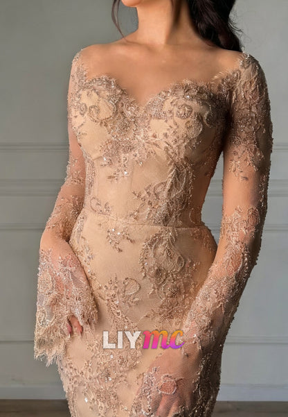 Sweetheart Long Sleeves Sequins Appliques Mermaid Evening Dress