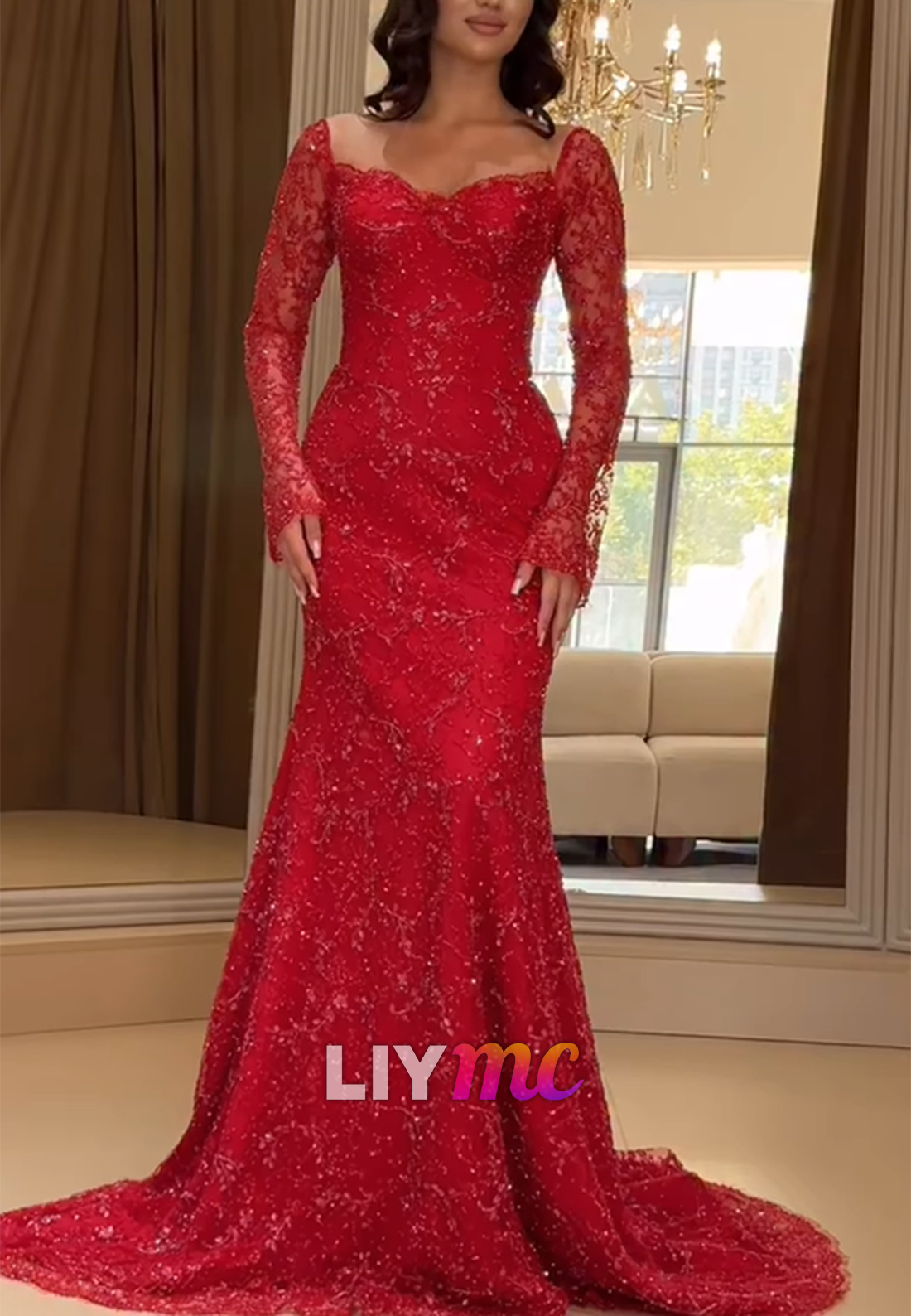 Sweetheart Long Sleeves Sequins Appliques Mermaid Evening Dress
