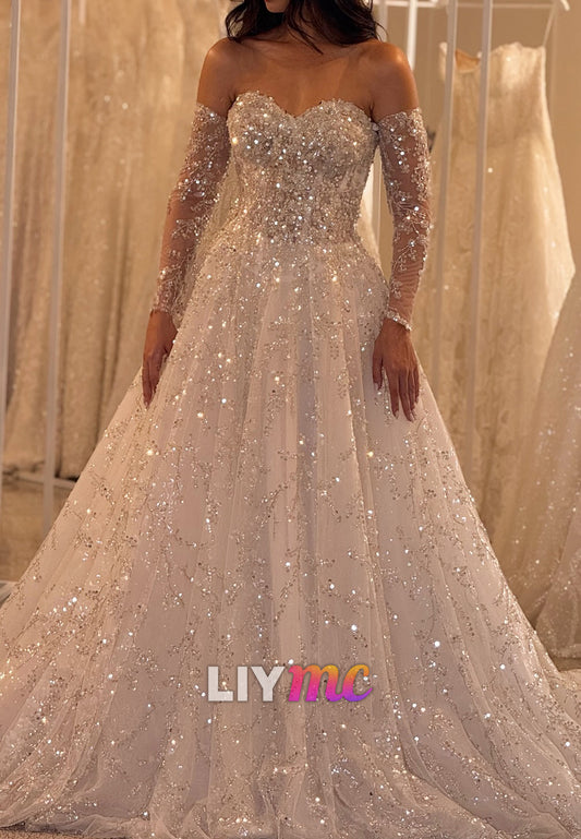Sweetheart Long Sleeves Sequins Beaded Embroidery Sparkly A-Line Wedding Dress