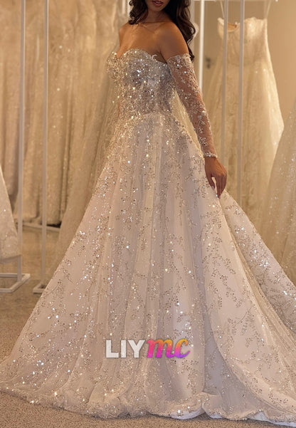 Sweetheart Long Sleeves Sequins Beaded Embroidery Sparkly A-Line Wedding Dress