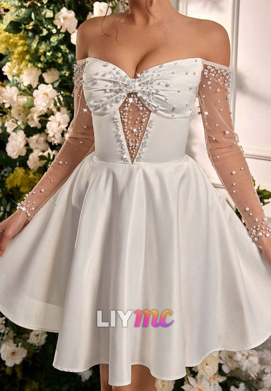 Sweetheart Long Sleeves Sleek A-Line Short Wedding Dress