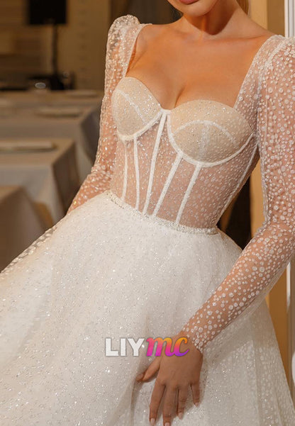 Sweetheart Long Sleeves Sparkly Ball Gown Wedding Dress