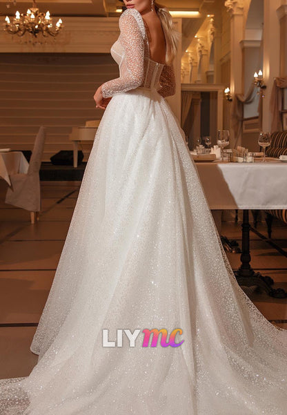Sweetheart Long Sleeves Sparkly Ball Gown Wedding Dress