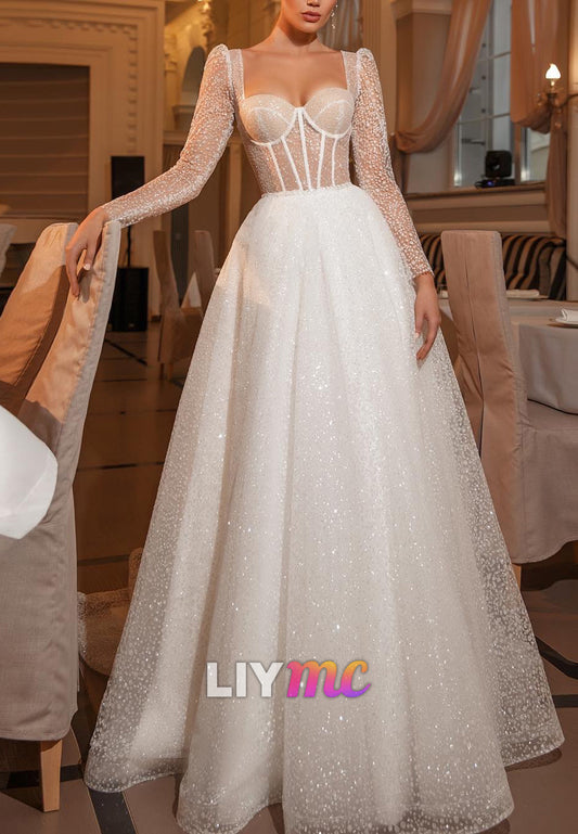 Sweetheart Long Sleeves Sparkly Ball Gown Wedding Dress