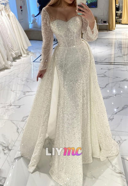 Sweetheart Long Sleeves Sparkly Sheath Wedding Dress