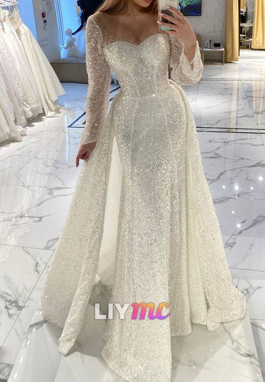 Sweetheart Long Sleeves Sparkly Sheath Wedding Dress