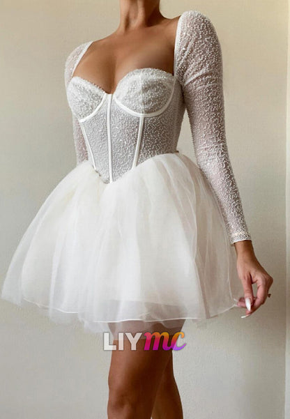 LY366 - Sweetheart Long Sleeves Tulle A-Line Short Sequins Homecoming Dress