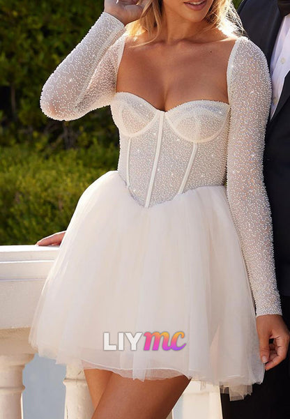 LY366 - Sweetheart Long Sleeves Tulle A-Line Short Sequins Homecoming Dress