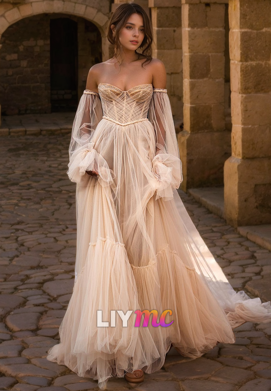 LW401 - Sweetheart Long Puff Sleeves Beaded Tiered Tulle Long Wedding Dress