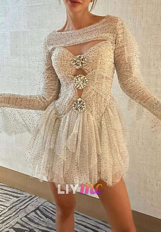 Sweetheart Long Sleeves Tulle Pleated Tiered A-Line Short Wedding Dress