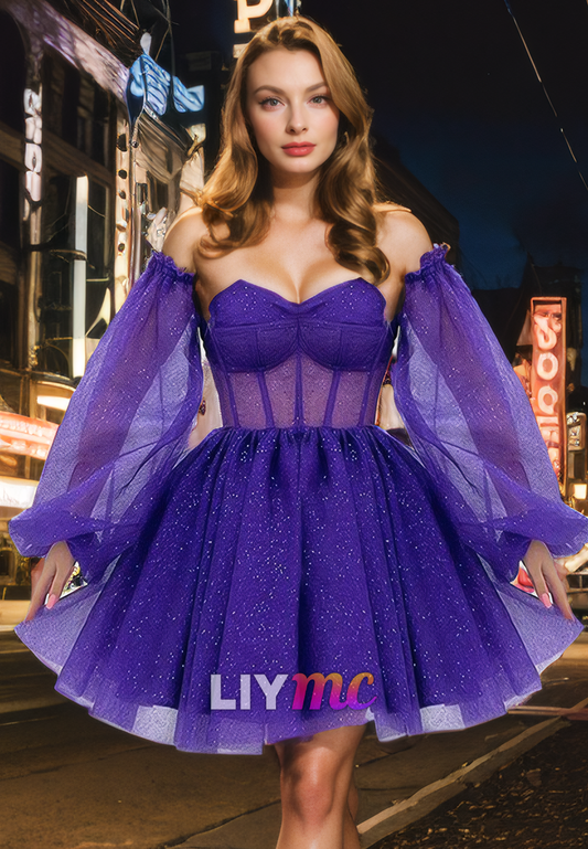 Sweetheart Long Sleeves Tulle Sheer A-Line Short Homecoming Dress