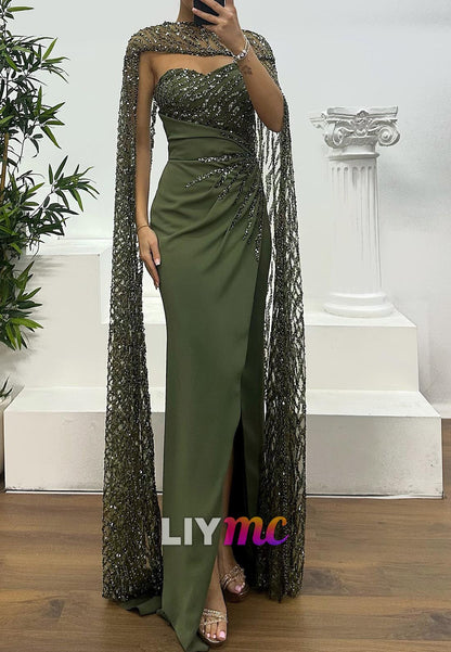 Sweetheart Long Slevees Beaded Embroidery Sheath Evening Dress
