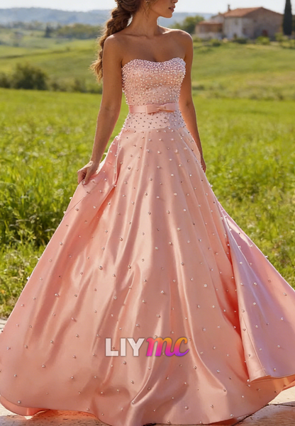 Sweetheart Pearl Sleeveless Sparkly Satin Prom Dress