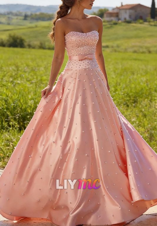 Sweetheart Pearl Sleeveless Sparkly Satin Prom Dress