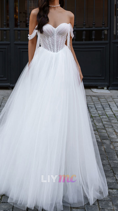 Sweetheart Pleated Pearl Tulle A-Line Wedding Dress
