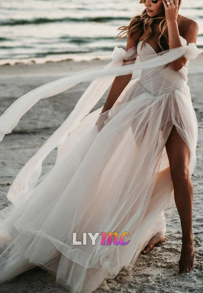 Sweetheart Pleated Sleeveless Tulle A-Line Beach Wedding Dress