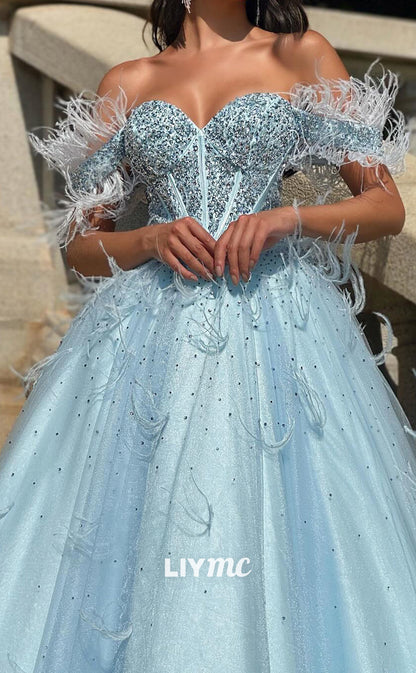 LP2010 - Sweetheart Puff Sleeves Beaded Feathered Ball Gown Prom Dress