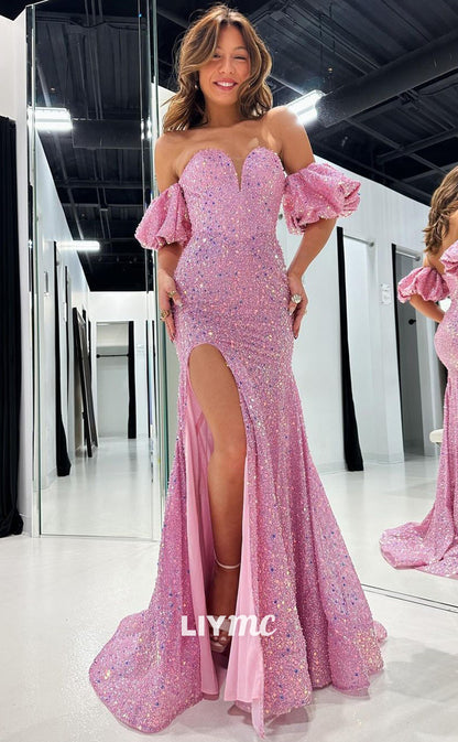 LP1287 - Sweetheart Puff Sleeves Sequins Mermaid Sparkly Prom Dress