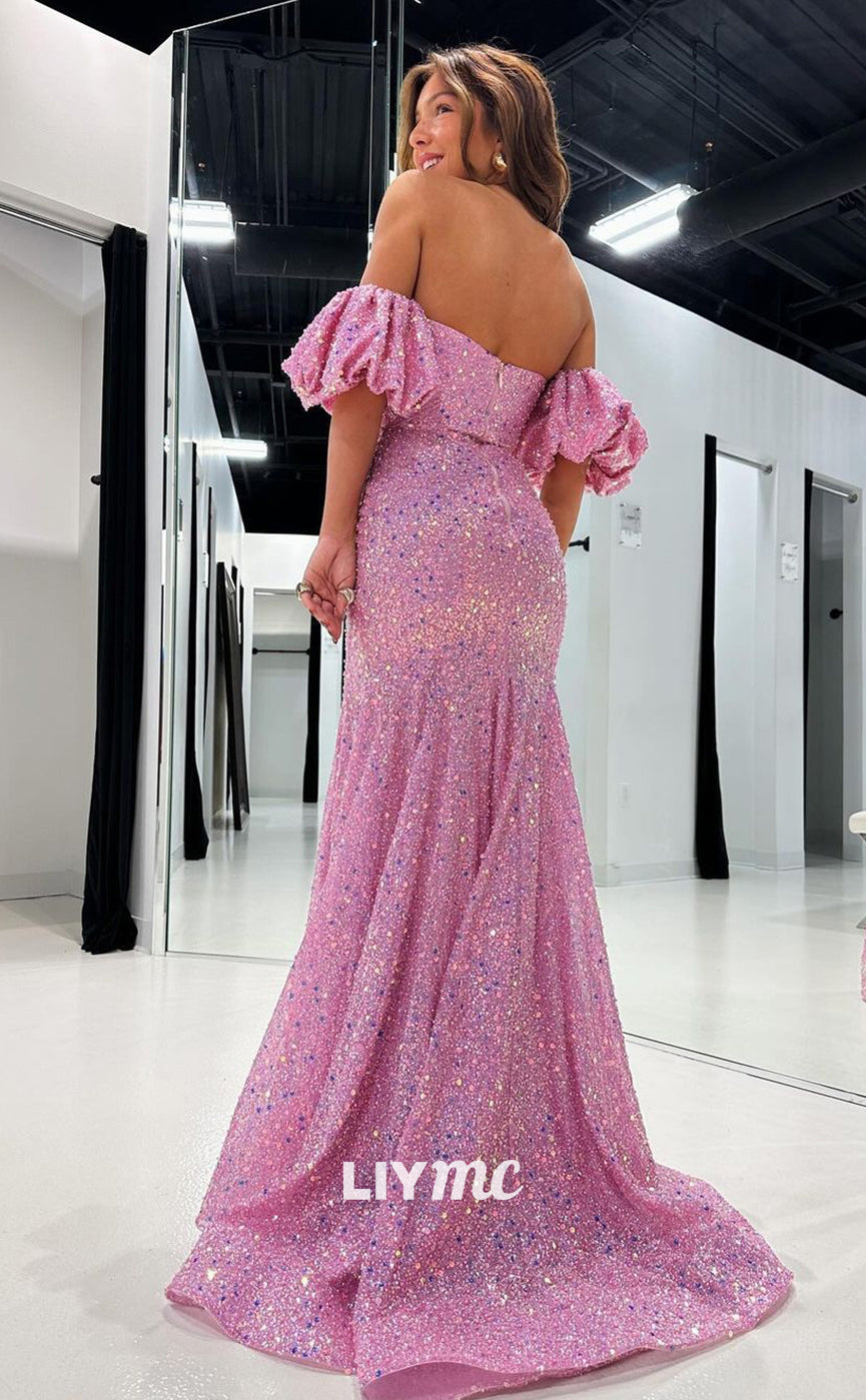 LP1287 - Sweetheart Puff Sleeves Sequins Mermaid Sparkly Prom Dress