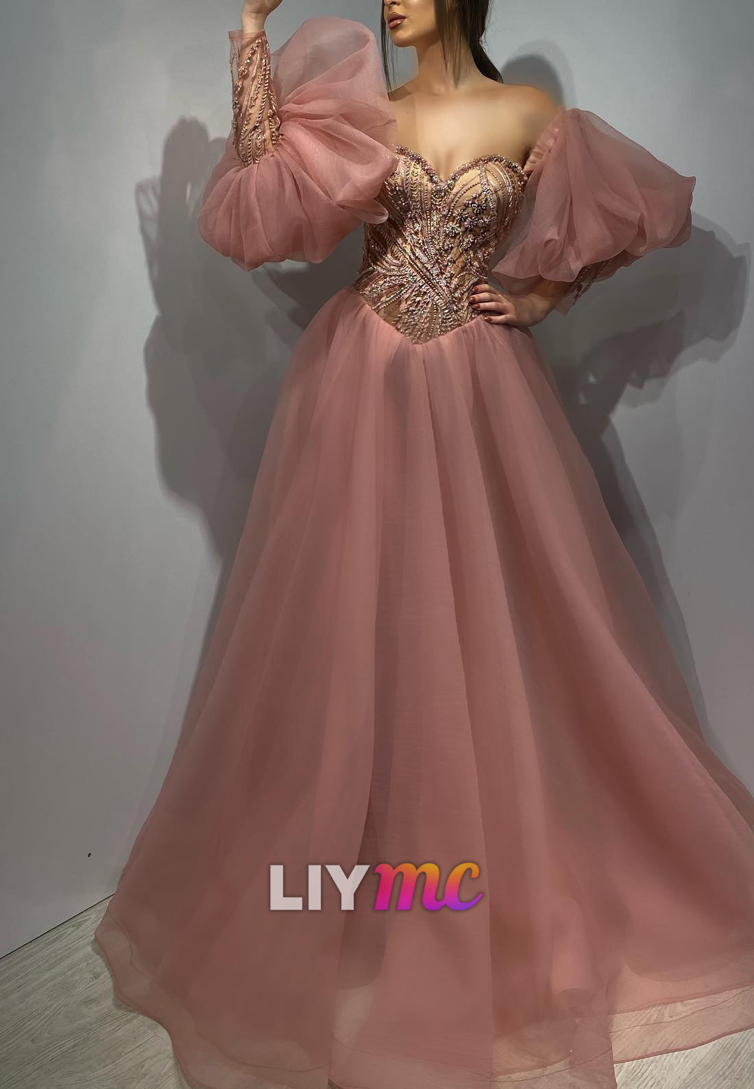 Sweetheart Puff Sleeves Beaded Princess Ball Gown Prom Dress