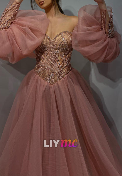 Sweetheart Puff Sleeves Beaded Princess Ball Gown Prom Dress