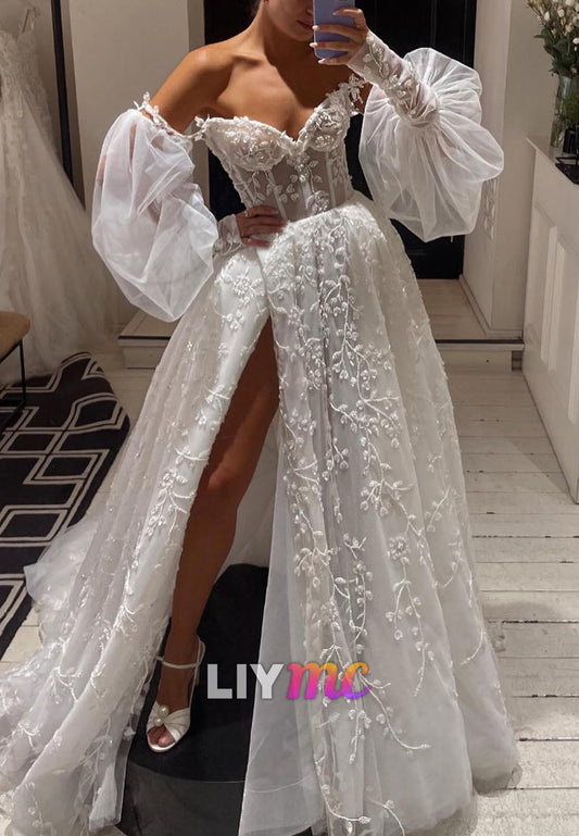 Sweetheart Puff Sleeves Floral Appliques A-Line Wedding Dress