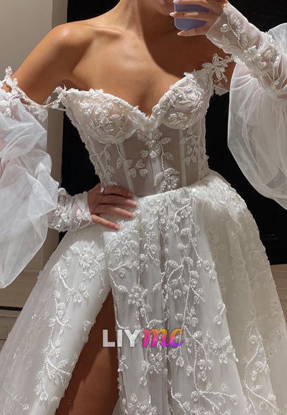 Sweetheart Puff Sleeves Floral Appliques A-Line Wedding Dress