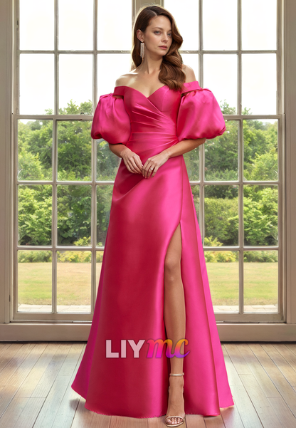 Sweetheart Puff Sleeves High Slit Sleek Satin A-Line Mother of Bride Dress