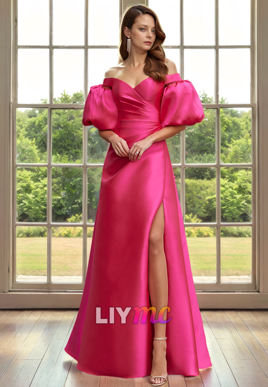 M1322 - Sweetheart Puff Sleeves Sleek Satin A-Line Mother of Bride Dress Cocktail Dress