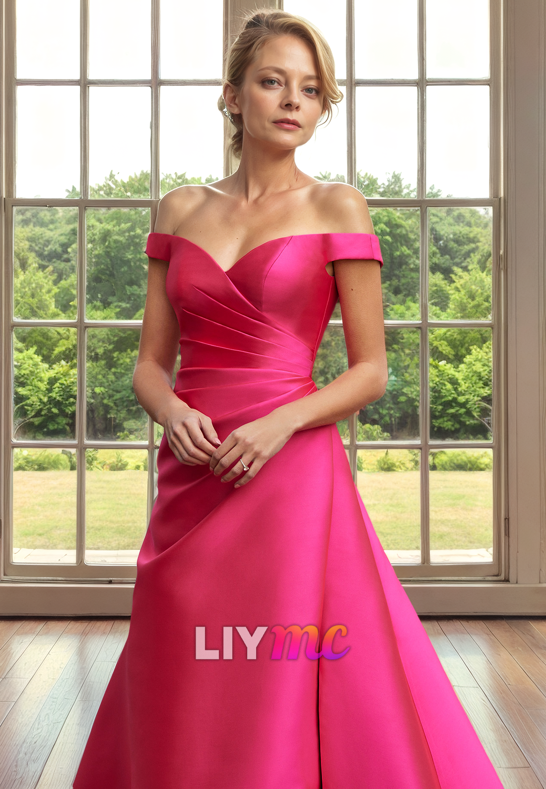 Sweetheart Puff Sleeves High Slit Sleek Satin A-Line Mother of Bride Dress