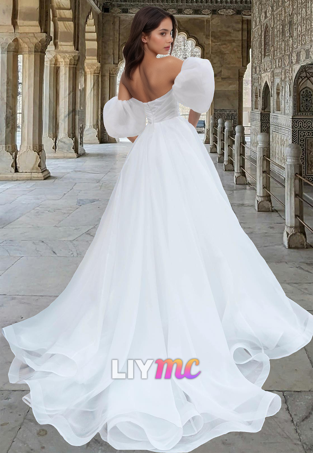 LW014 - A line Sweetheart Short Sleeves Simple Wedding Dress with Sweep Train