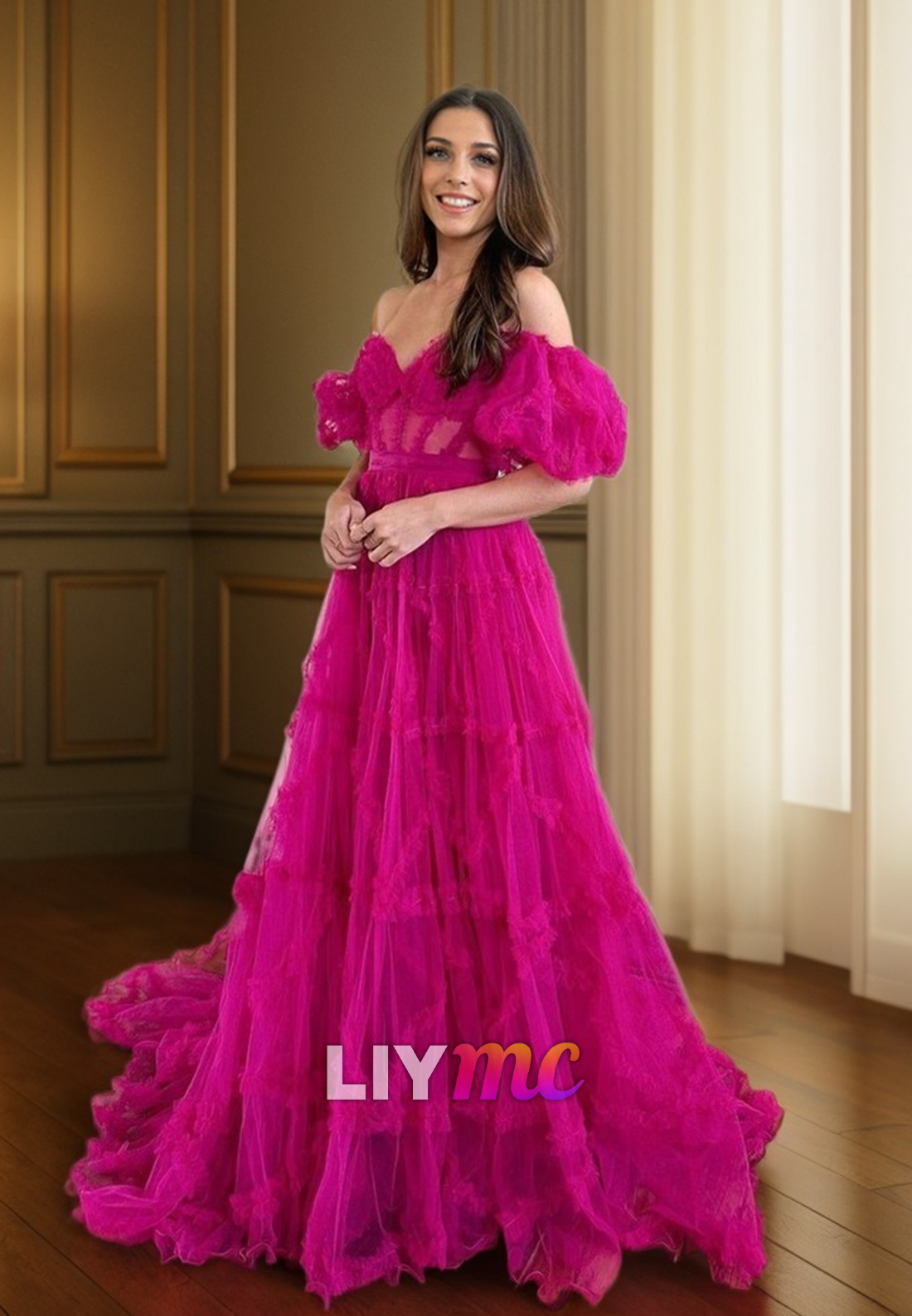 LP2313 - Sweetheart Puff Sleeves Sheer Appliques A-Line Prom Dress