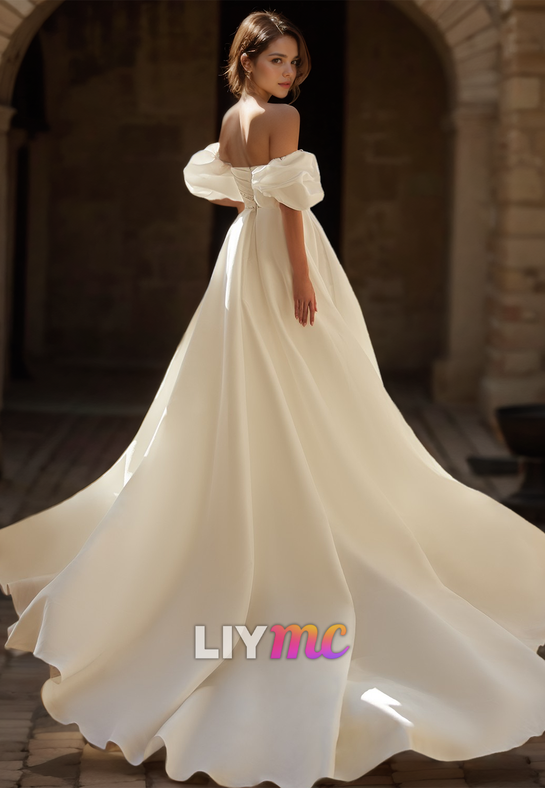 Sweetheart Puff Sleeves Sleek Pleated A-Line Satin Simple Wedding Dress