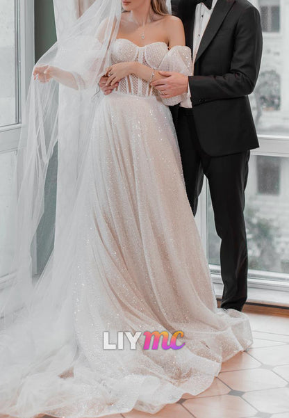 Sweetheart Puff Sleeves Sparkly A-Line Wedding Dress