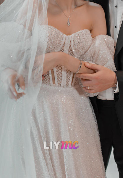 Sweetheart Puff Sleeves Sparkly A-Line Wedding Dress