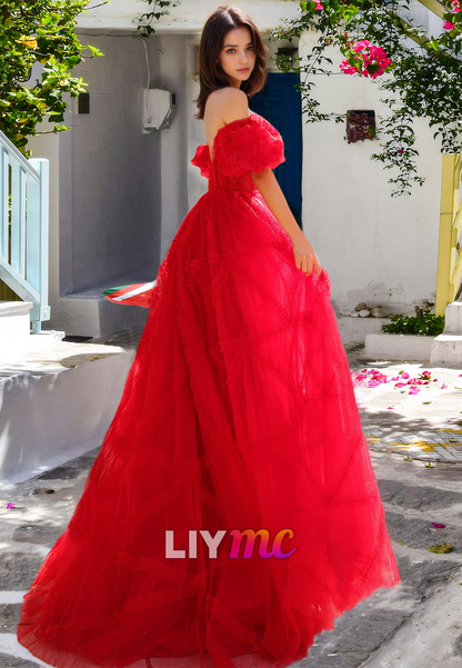 Sweetheart Puff Sleeves Tulle A-Line Pretty Prom Dress