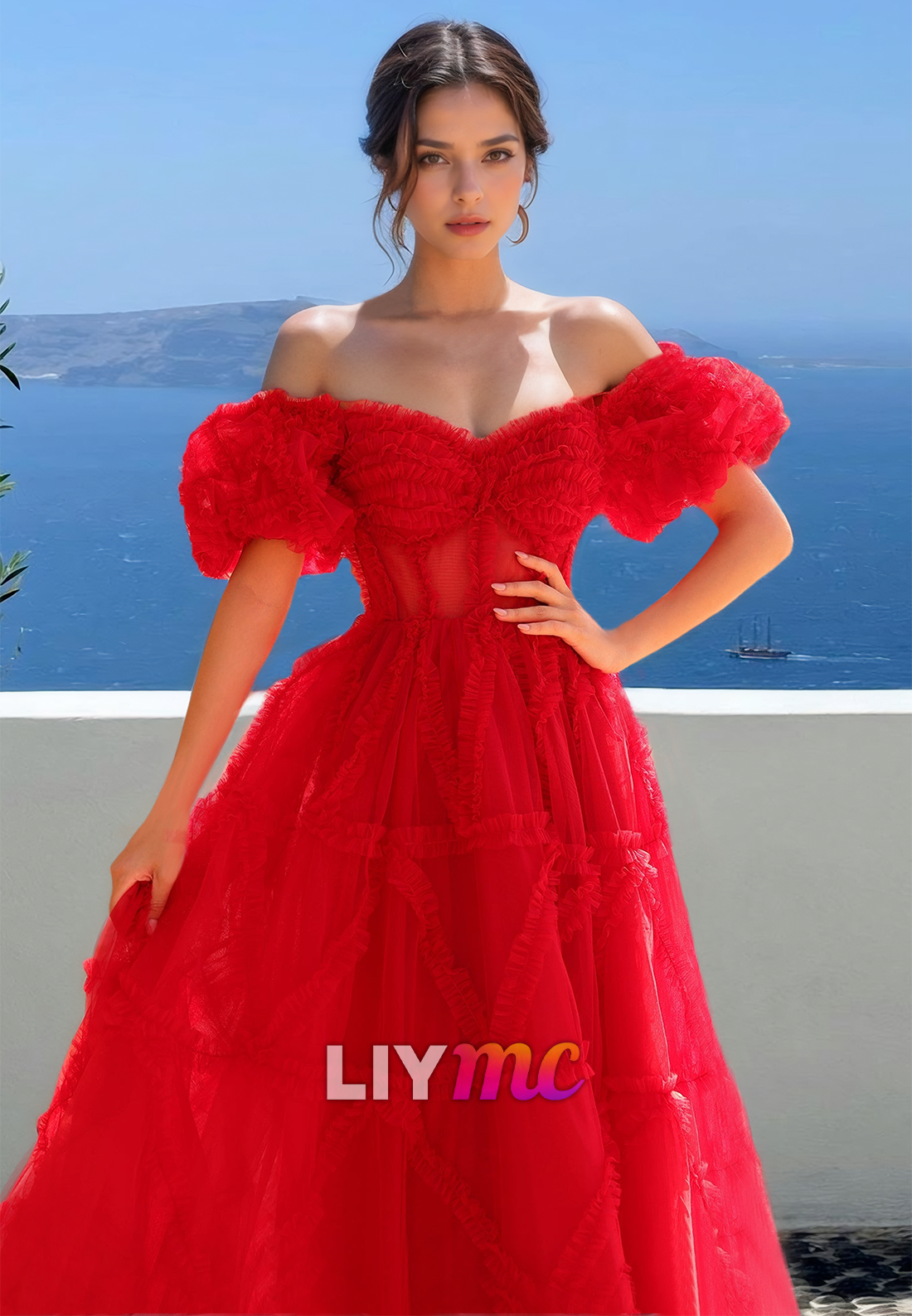 Sweetheart Puff Sleeves Tulle A-Line Pretty Prom Dress