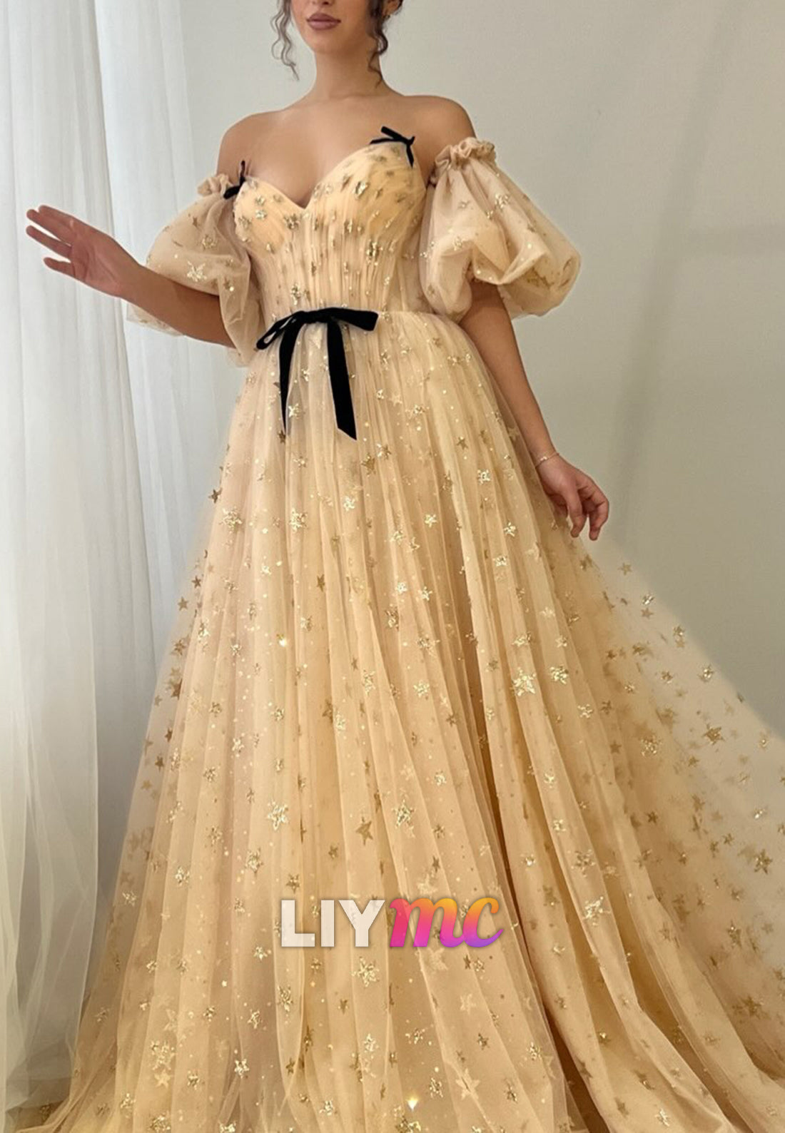 Sweetheart Puff Sleeves Tulle A-Line Prom Dress
